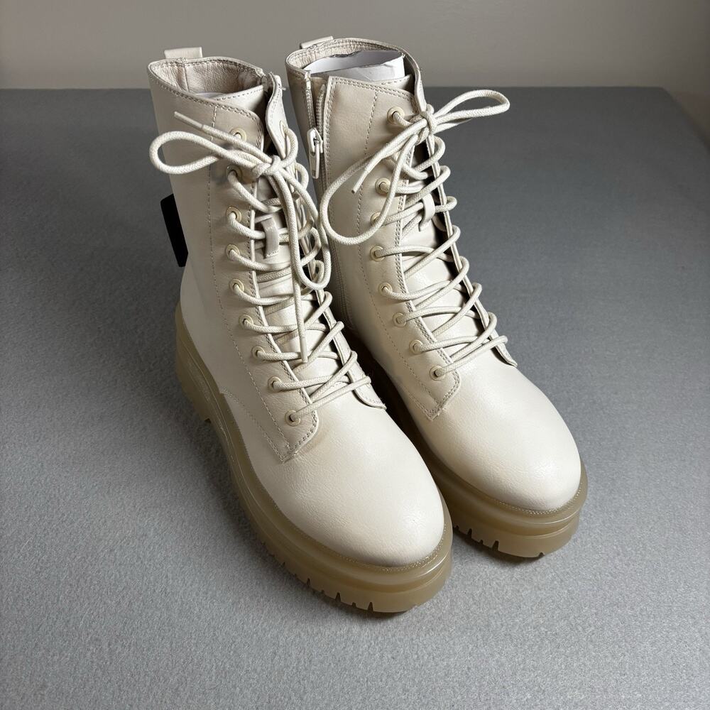 NEW Forever 21 Cream Lace-Up Combat Ankle Boots Side Zipper Lug Sole Size 6